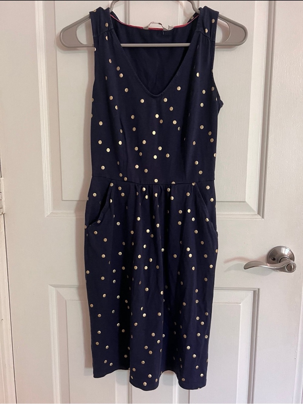 Boden Navy Dress with Gold Polka Dots
